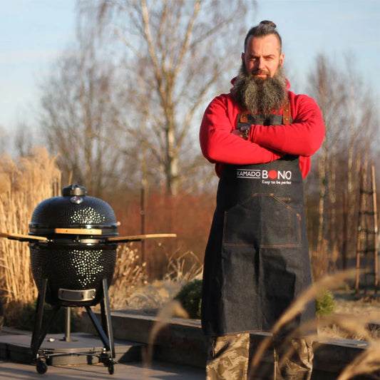 Kamado BONO denim apron with natural leather